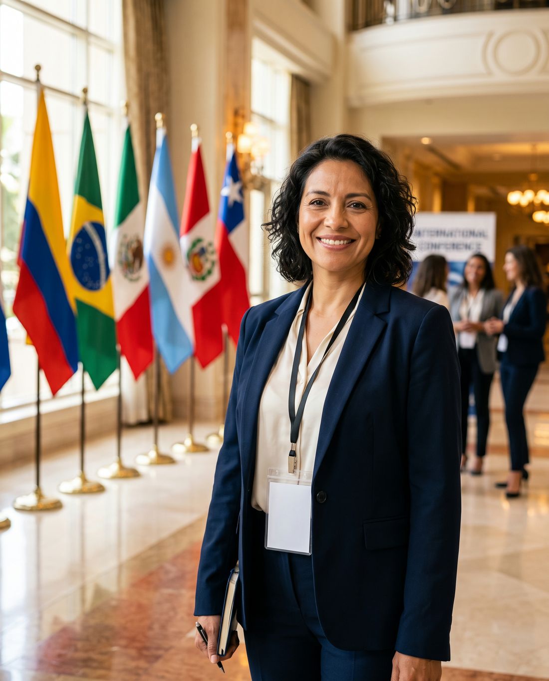 Trabajadora social en la Cumbre, con su credencial, frente a las banderas de Iberoamérica